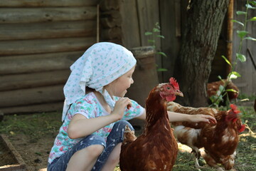 free range chickens. little girl is petting brown hens in the countryside. village girl in a headscarf.
