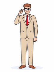 Obraz premium Cartoon businessman in suit with glasses and red tie, standing thoughtfully, symbolizing intellect and strategic thinking. Perfect for corporate planning and educational content.