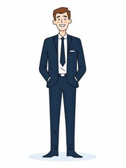 Obraz premium Cartoon businessman in suit with blue tie and hands in pockets, smiling confidently, symbolizing success and reliability. Perfect for corporate, finance, and leadership themes.