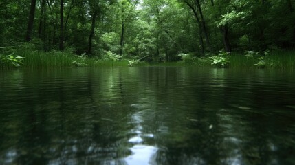 Serene forest stream.  Tranquil, crystal-clear waters reflecting lush green forest canopy.  Calm, peaceful scene
