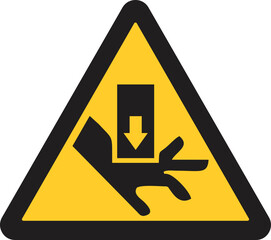 warning sign, hand being crushed by a descending object,  risk of hand injury due to heavy machinery