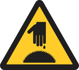 warning sign, hand with drops of blood above a circular saw blade, risk of hand injury or cutting hazards