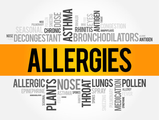 Fototapeta premium Allergies - occur when your immune system reacts to a foreign substance, word cloud concept background