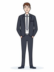 Obraz premium Cartoon businessman in formal suit smiling confidently, symbolizing corporate success and leadership. Perfect for finance, executive roles, and career-focused presentations.