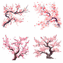 Four different branches of cherry blossoms are shown in various stages of bloom