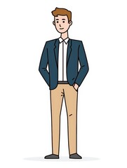 Obraz premium Full-body cartoon man in blazer and khaki pants standing confidently, symbolizing approachable leadership. Perfect for HR, training, and business education materials.