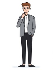 Obraz premium Cartoon businessman in suit with hand on chin, appearing thoughtful and pensive, symbolizing planning and problem solving. Perfect for strategy, training, and innovation themes.
