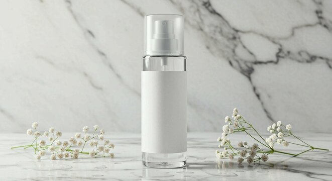 Spray bottle with transparent cap isolated on aesthetic background, front view. White cosmetic fine mist spray bottle with clear transparent lid, realistic mock up. Skincare product pump container