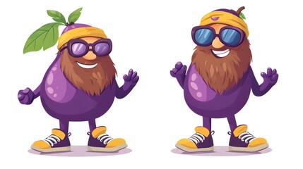 Obraz premium Colorful Cartoon Plum Fruit Superhero Character in Groovy Style for Design Projects