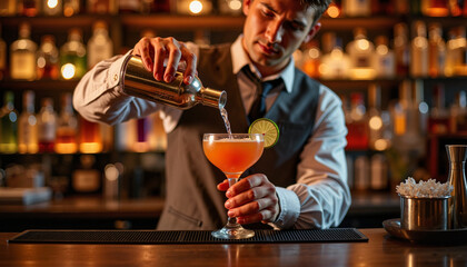 Bartender pouring colorful cocktail in elegant bar, luxurious atmosphere