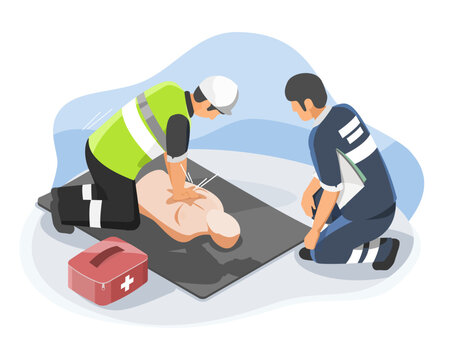 Safety officer demonstrating CPR technique to industrial worker during first aid training session isometric isolated