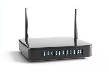 Modern wireless router with antennas, glowing indicators, set against a minimalist white background