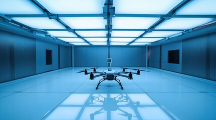 An AI powered system automating self learning drones by analyzing real time aerial navigation and obstacle avoidance, futuristic AI-driven drone research lab, Aviation technology style