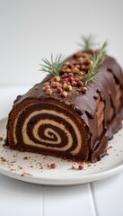 Chocolate Yule Log Cake Decorated with Sprigs and Berries  