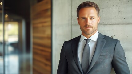 Professional Man in a Tailored Suit Poses Confidently Against a Stylish Backdrop Indoors