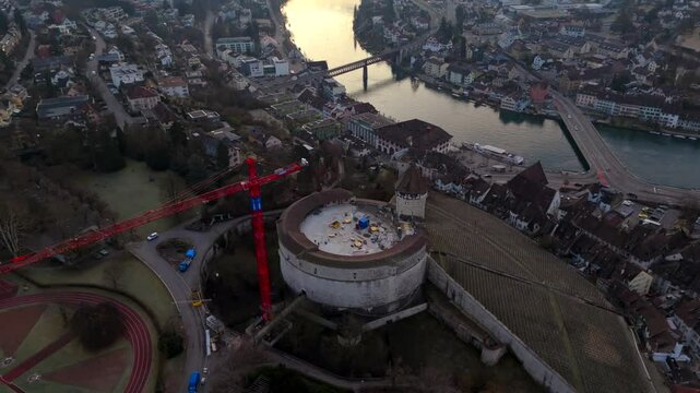 Fort Munot, Schaffhausen, Switzerland aerial view in winter warm weather at dawn. Munot ist Zirkularfestung im Zentrum schweizerischen Stadt Schaffhausen auf Emmersberg in der Schweiz Luftaufnahme. 