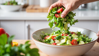 Chef joyfully tossing fresh salad ingredients in a well-lit kitchen, healthy cuisine