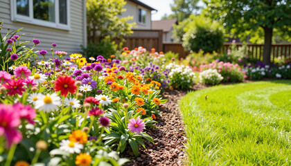 Fototapeta premium Vibrant flowers blooming in colorful backyard garden, nature's beauty