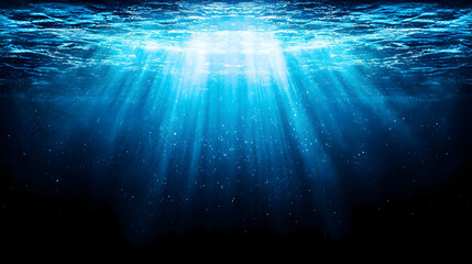 Abstract Blue Underwater Scene With Light Beams And Sparkling Particles Creating Depth