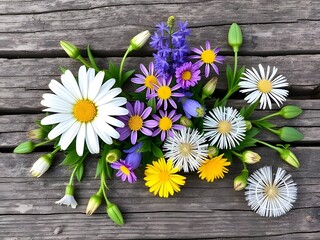 Obraz premium Colorful Floral Arrangement on Rustic Wooden Surface Daisies, Hyacinths and Buds.
