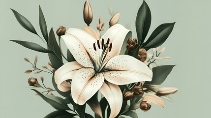 Lily's Gentle Embrace: A delicate white lily blooms gracefully amidst lush green foliage, showcasing nature's exquisite artistry and serenity. 