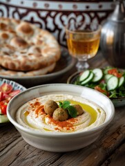 Delicious Arab breakfast featuring hummus, falafel, fresh vegetables, and traditional bread served at a cozy restaurant