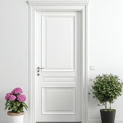Elegant White Door with Trim Flanked by Lush Greenery and Blooming Flowers