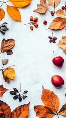 Fototapeta premium Autumn Leaves and Red Berries Arranged on Gray Background Top View