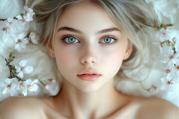 Spring mood, golden hour in sunset. Commercial promotion creative graphic. Gorgeous caucasian young woman surrounded by cherry blossoms. Bright woman in spring flowers for marketing.