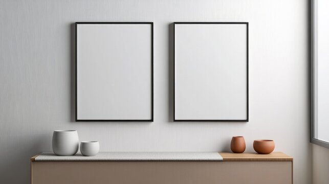 Minimalist interior featuring empty frames and decorative cerami