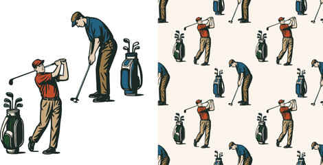 Vintage Golf Players Seamless Pattern Vector Illustration