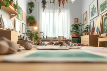 Fototapeta premium Bright, creative workspace filled with plants and art supplies,