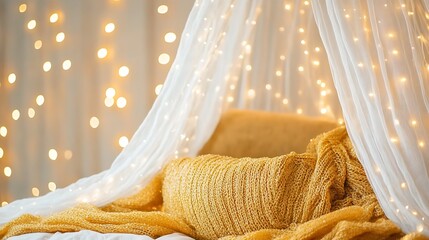 A cozy bed adorned with fairy lights and soft textiles