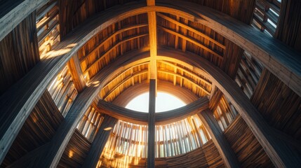 Obraz premium Eco-friendly wooden church with sustainable architecture curved beams forming a natural cross shape warm light filtering through