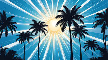 Palm Trees in Silhouette ,against a Striking Sunburst Background