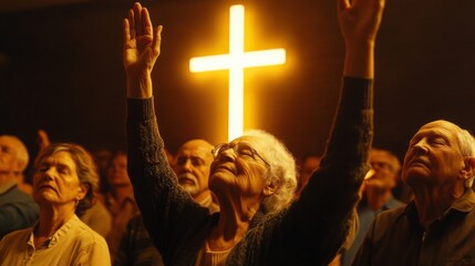 Elderly Christian worshipers lifting hands with eyes closed in deep reverence Holy Cross softly illuminated in the background