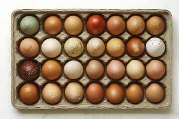 A tray of fresh farm eggs in various natural colors.