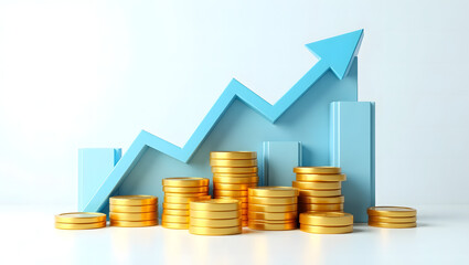 Financial chart with rising arrow and gold coins on white background