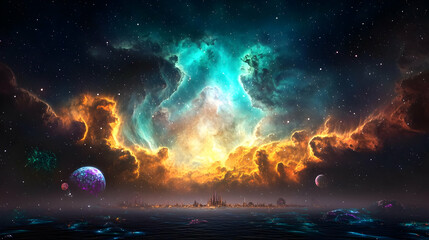 Obraz premium Majestic Galaxy Above Futuristic Cityscape with Vivid Blue and Orange Hues during Nighttime Illuminating Celestial Scene