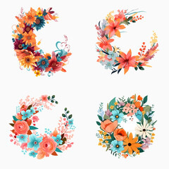 Four different flower wreaths with various colors and types of flowers