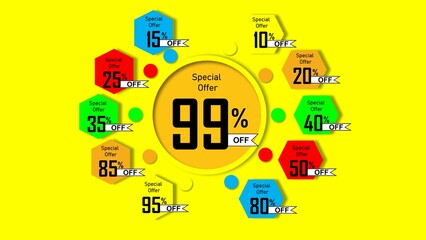 Promotional image of discounts in various percentages, organized in colorful hexagons on a vibrant yellow background. Perfect for advertisements, e-commerce, marketing campaigns and special promotions