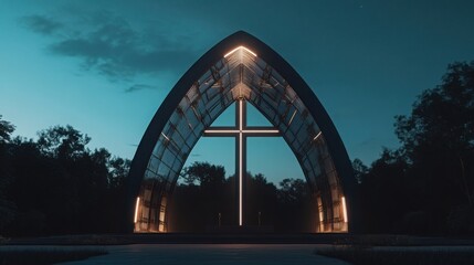 Fototapeta premium Futuristic steel-structured chapel with an arched cross silhouette soft glowing edges illuminating the night sky