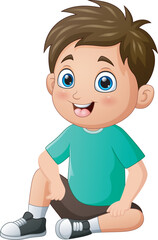 Cartoon happy little boy sitting and posing