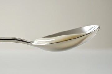 A metallic spoon holds a creamy, light-colored liquid, possibly yogurt or sauce.