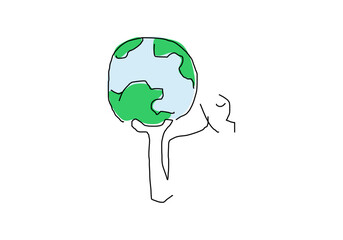 line art illustration representing a hand holding a leaf and Earth