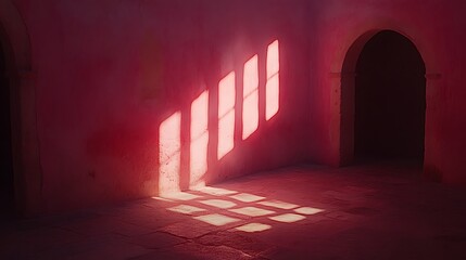 Fototapeta premium Interior space with light patterns and archway in monochromatic pink tones