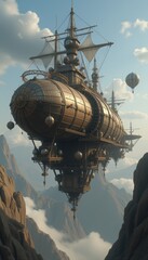 Naklejka premium Steampunk airship soaring above rocky mountains 