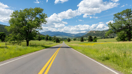 Fototapeta premium Straight Asphalt Road Through Lush Green Meadow with Yellow Center Lines Leading to Distant Mountains and Blue Sky