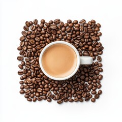 Obraz premium Coffee cup surrounded by fresh roasted coffee beans