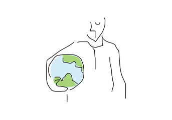  line art illustration depicting a hand holding the Earth